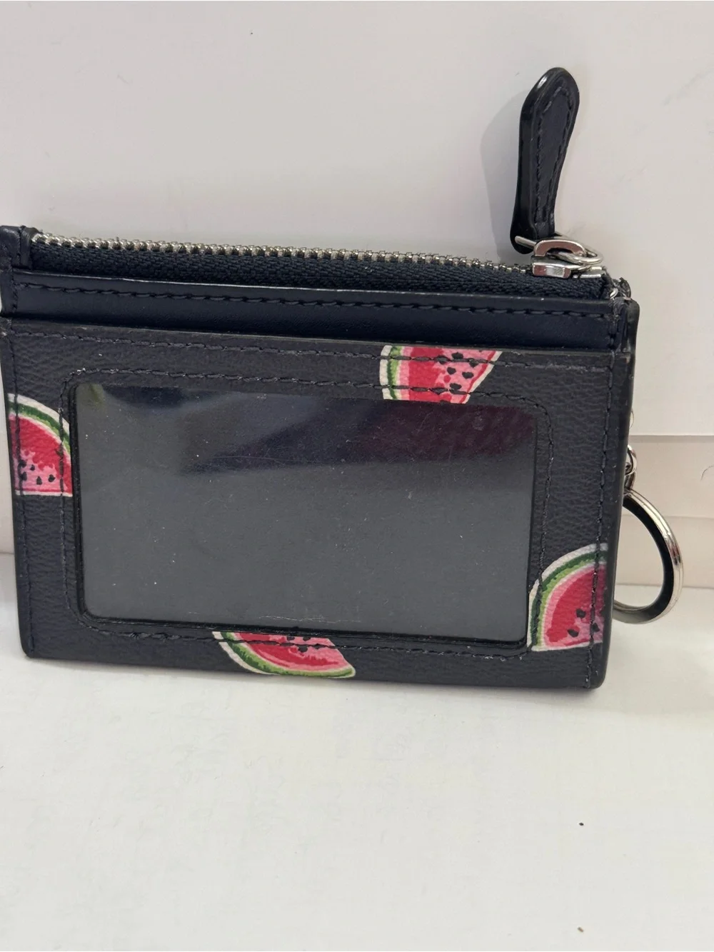 Coach Black Leather Card Holder with Watermelon Motif and Key Ring